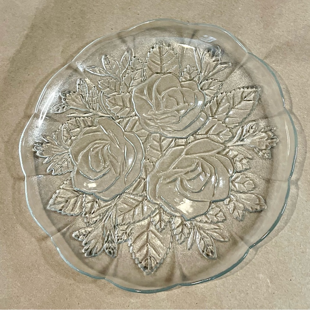Pasari Crystal Livia Clear Glass Dinner Plate Roses Frosted Edges Indonesia